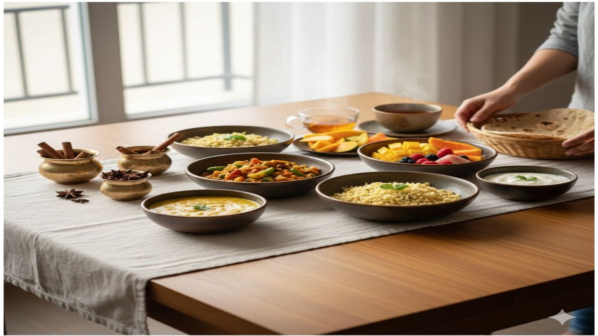 Indian-style healthy food setup for a hormone reset diet. A clean, bright kitchen or dining table with Indian foods like dal, vegetables, millets, curd, fruits, herbal tea, and warm spices.