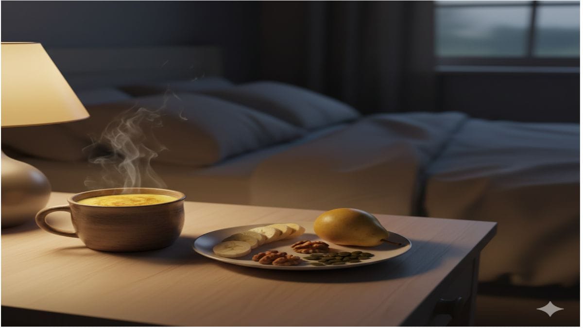 A calm nighttime kitchen or bedside table setup representing bedtime foods that lower cortisol. Include a small plate with banana slices, a few walnuts, pumpkin seeds, a pear, and a mug of warm golden milk (turmeric latte). Soft warm lighting, evening/nighttime mood, cozy and peaceful atmosphere.6-Best-Bedtime-Foods-to-Lower-Nighttime-Cortisol.jpg