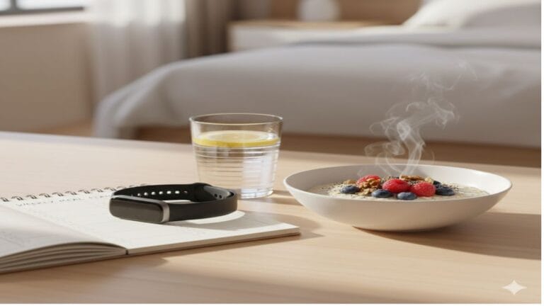 A clean, bright lifestyle setting representing insulin resistance and weight management. Include a calm tabletop or breakfast tray with a balanced plate of healthy foods like oatmeal with berries, nuts, a glass of water, and a small notebook or fitness tracker showing steps or meal plan.