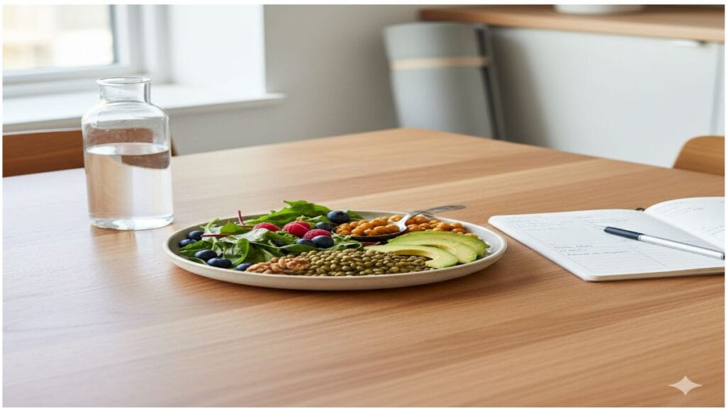 PCOS Diet and Lifestyle: 7 Simple, Transformative Habits for Balance A bright, clean kitchen or dining scene representing PCOS diet and healthy lifestyle. Include a balanced plate of colorful whole foods such as leafy greens, berries, chickpeas, lentils, nuts, and slices of avocado. Nearby place a water bottle, a notebook or meal planner, and a pair of yoga mat straps or a light fabric yoga mat in the background.