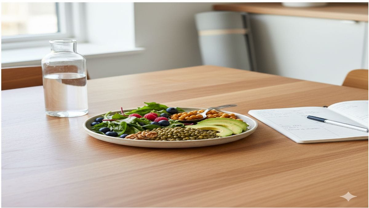 A bright, clean kitchen or dining scene representing PCOS diet and healthy lifestyle. Include a balanced plate of colorful whole foods such as leafy greens, berries, chickpeas, lentils, nuts, and slices of avocado. Nearby place a water bottle, a notebook or meal planner, and a pair of yoga mat straps or a light fabric yoga mat in the background.