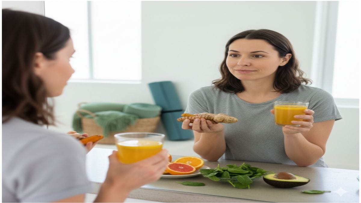A high-resolution, landscape-oriented photograph of an anti-inflammatory food spread on a light wooden table. In the foreground, a dark slate platter holds a fresh pile of spinach and kale. Small ceramic bowls are neatly arranged behind it, containing blueberries, raspberries, strawberries, walnuts, and almonds. Next to these, a small wooden bowl holds fresh turmeric roots and powder, alongside a sliced orange and a glass bottle of extra virgin olive oil. The scene is set in a bright, modern kitchen with soft natural light and a clean, minimalist aesthetic, featuring ample empty space on the left and right for blog use.