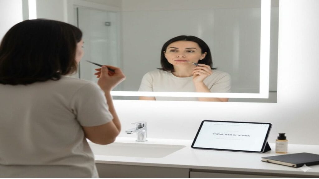 A high-resolution, landscape-oriented lifestyle photograph of a woman in a bright, minimalist bathroom. She is centered in the frame, viewed from behind as she looks into a large, illuminated mirror, using tweezers for grooming. Her reflection shows a calm, focused expression. On the clean white counter sits a tablet displaying a blog post titled "FACIAL HAIR IN WOMEN," alongside a skincare bottle and a notebook. The composition is wide with ample negative space around the subject, featuring soft natural lighting and a professional, clinical yet warm aesthetic.