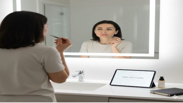 A high-resolution, landscape-oriented lifestyle photograph of a woman in a bright, minimalist bathroom. She is centered in the frame, viewed from behind as she looks into a large, illuminated mirror, using tweezers for grooming. Her reflection shows a calm, focused expression. On the clean white counter sits a tablet displaying a blog post titled "FACIAL HAIR IN WOMEN," alongside a skincare bottle and a notebook. The composition is wide with ample negative space around the subject, featuring soft natural lighting and a professional, clinical yet warm aesthetic.