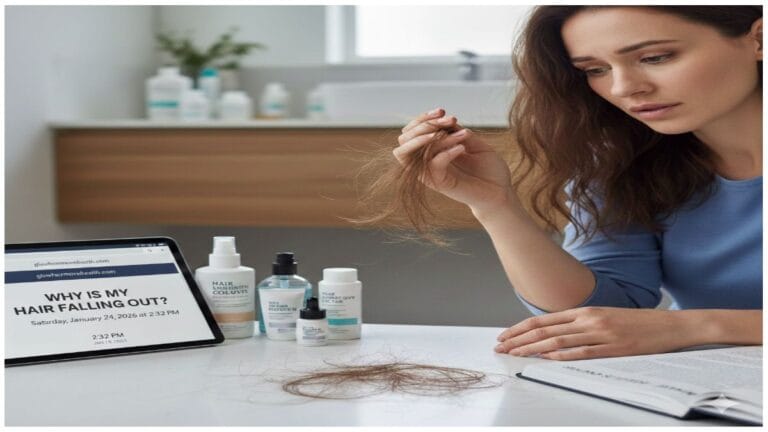 A realistic, wide-angle lifestyle shot of a concerned woman sitting at a white desk in a bright, modern room. She is looking down at a cluster of fallen hair on the table while holding a small clump of her own brown hair between her fingers. To her left, a tablet displays a blog post titled "WHY IS MY HAIR FALLING OUT?" next to several bottles of hair care and supplement products. An open book lies on the desk to her right, and a soft-focus bathroom vanity is visible in the background, creating a clean, health-focused atmosphere.