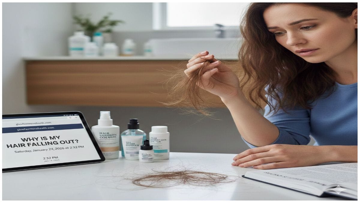 A realistic, wide-angle lifestyle shot of a concerned woman sitting at a white desk in a bright, modern room. She is looking down at a cluster of fallen hair on the table while holding a small clump of her own brown hair between her fingers. To her left, a tablet displays a blog post titled "WHY IS MY HAIR FALLING OUT?" next to several bottles of hair care and supplement products. An open book lies on the desk to her right, and a soft-focus bathroom vanity is visible in the background, creating a clean, health-focused atmosphere.