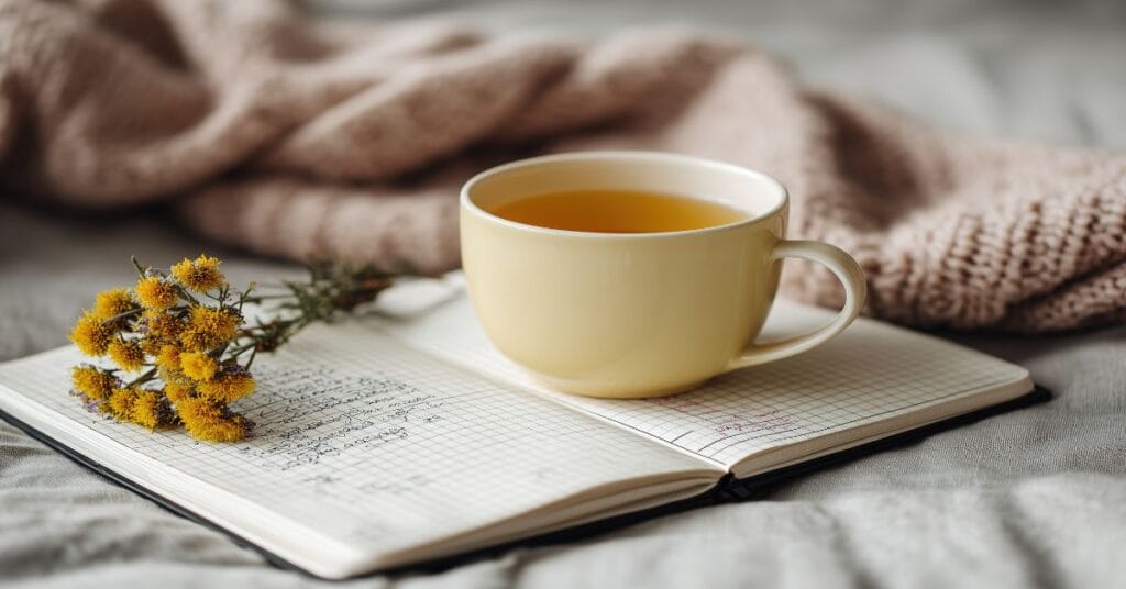 woman journaling tea morning wellness